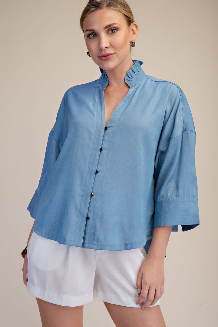 Ruffle V-neck Short Sleeve Top in Sky Blue