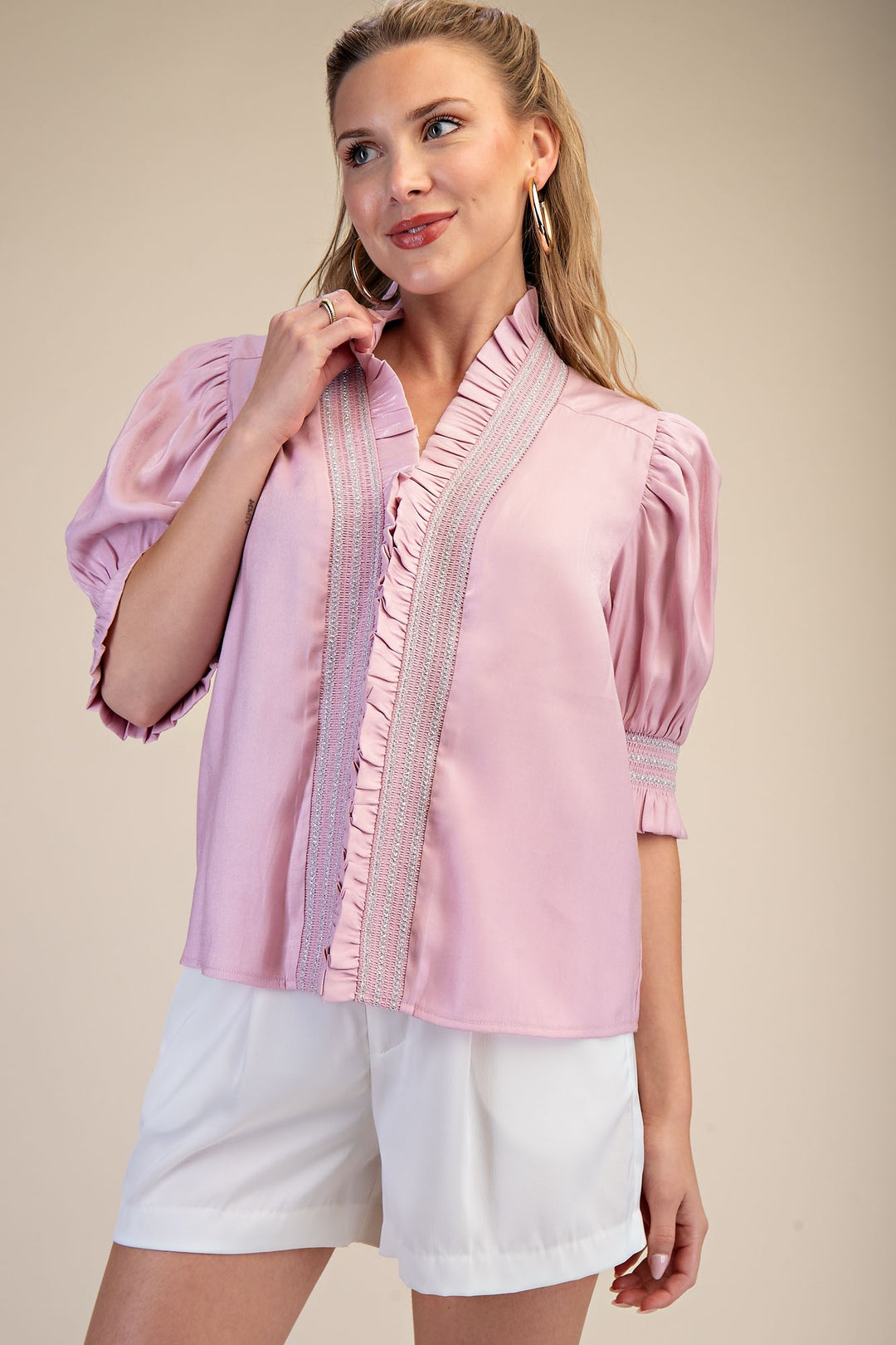 Ruffle Smock Neck Top in Blush