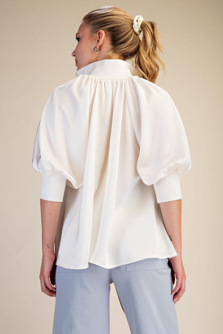 Mock Neck Band Puff Sleeve Top in Ivory