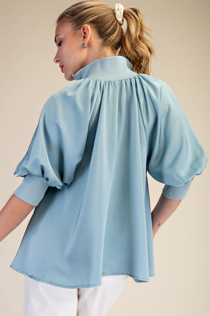 Mock Neck Band Puff Sleeve Top in Blue