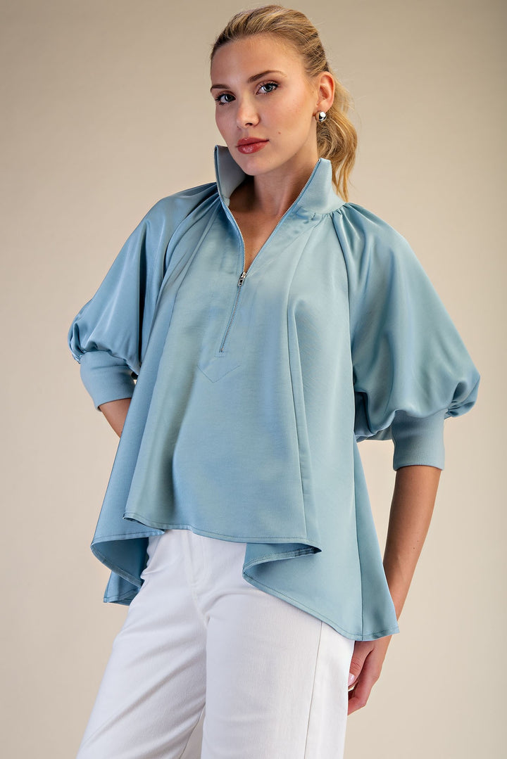 Mock Neck Band Puff Sleeve Top in Blue