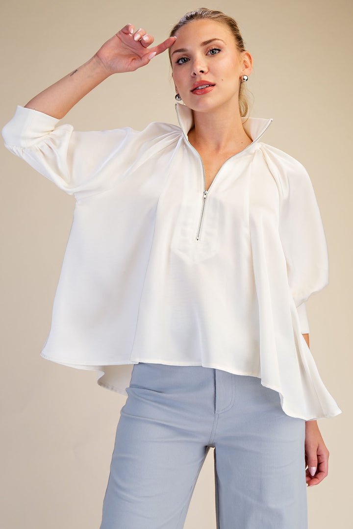 Mock Neck Band Puff Sleeve Top in Ivory