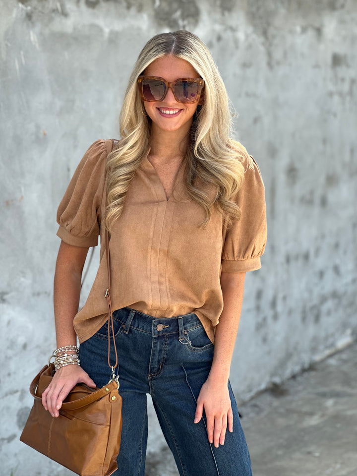 Short Sleeve Tan Suede Top