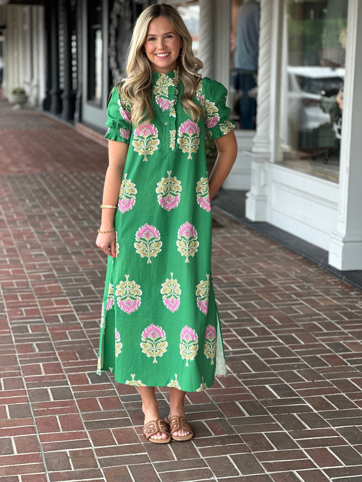 Green Floral Print Ruffle Collar Button Down Midi Dress