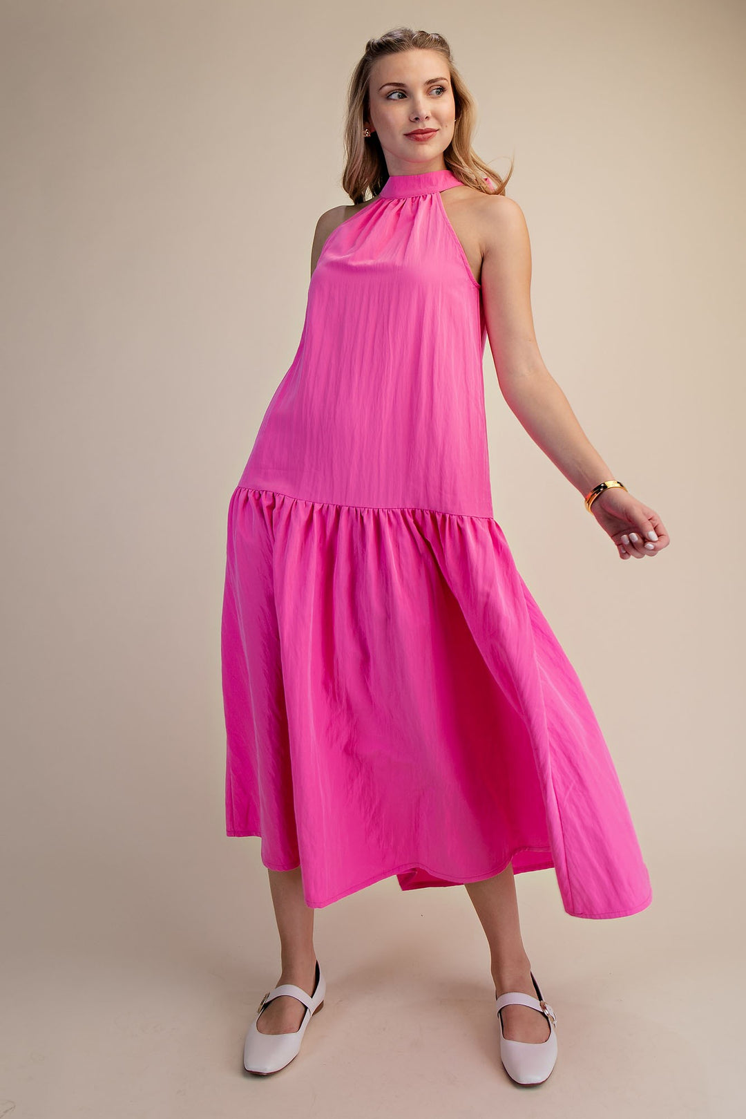 Tie Halter Neck Sleeveless Midi Dress in Hot Pink Tie Halter Neck Sleeveless Midi Dress in Hot Pink