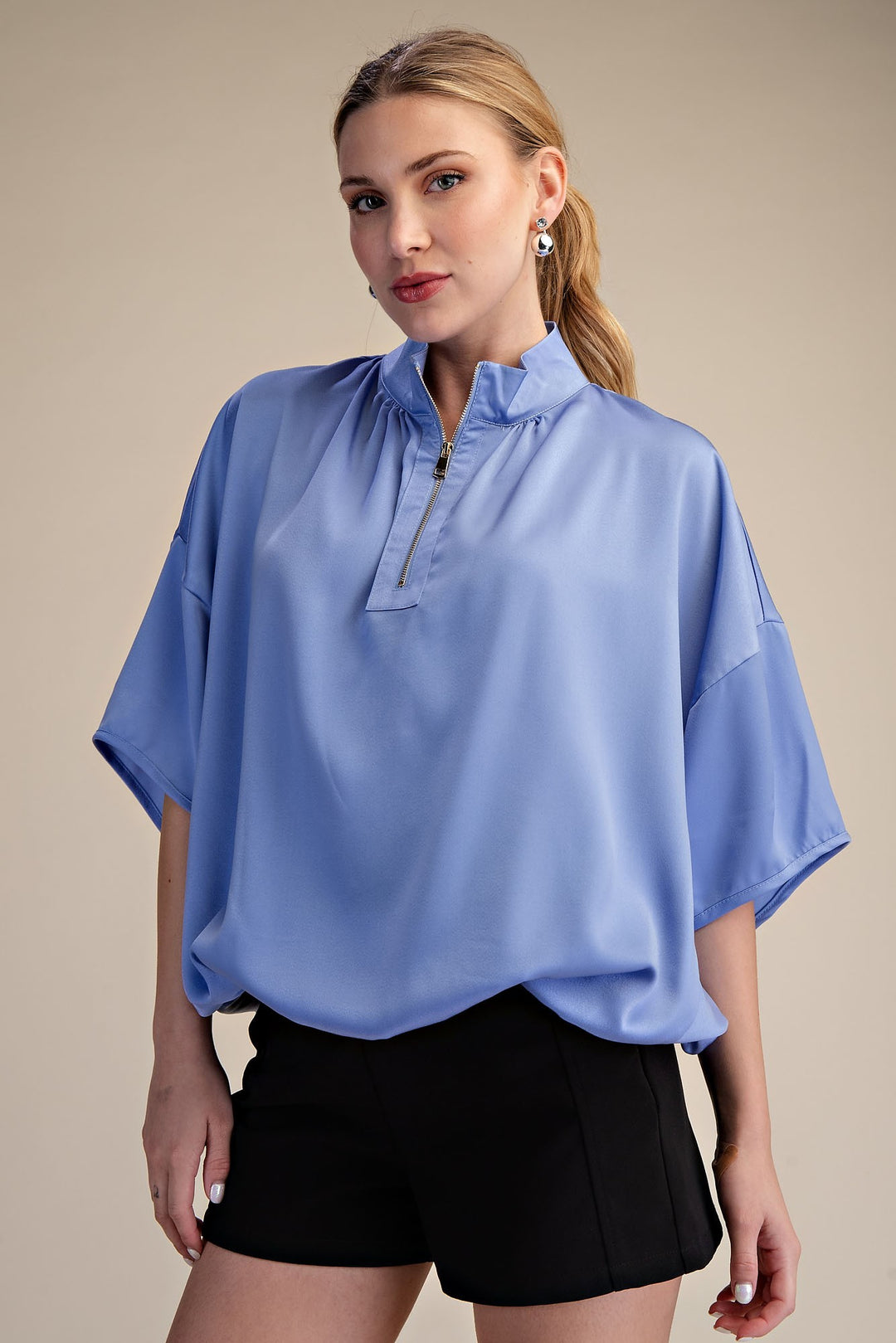 Dusty Blue Zip Satin Top