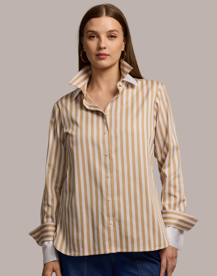 Hinson Wu Margot Long Sleeve Stripe Shirt in Ecru/Latte