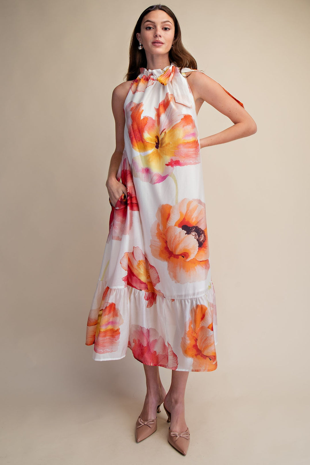 Ruffle Neck Tie Sleeveless Midi Floral Dress in Ivory