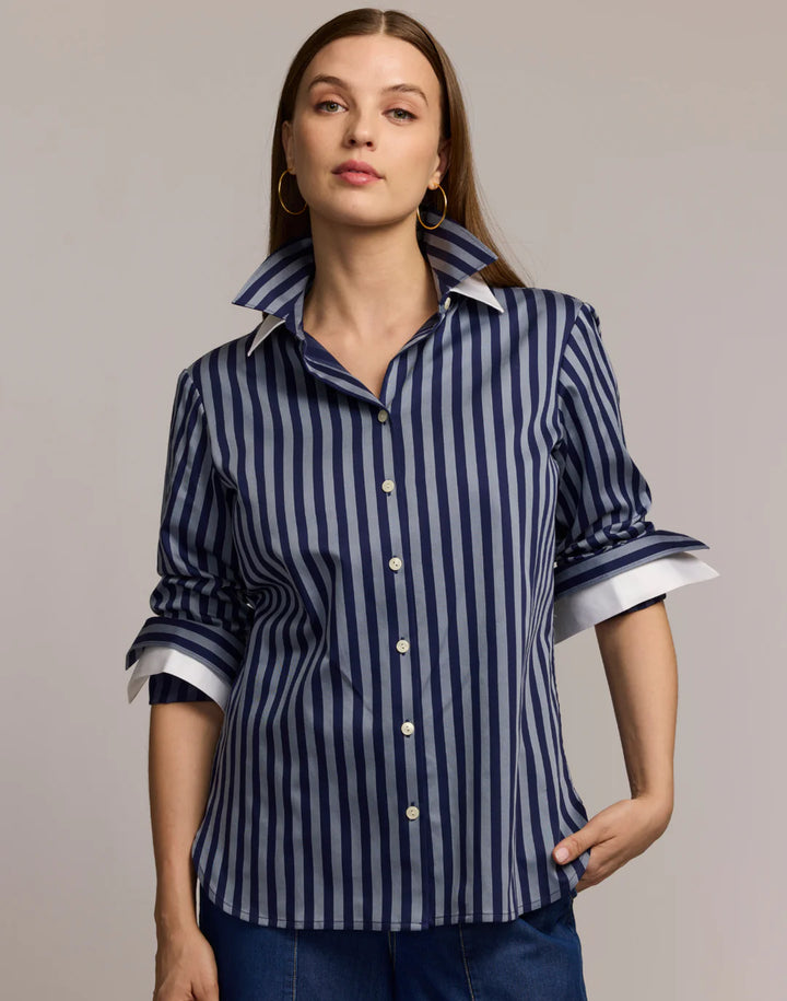 Hinson Wu Margot Long Sleeve Stripe Shirt in French Grey/Midnight