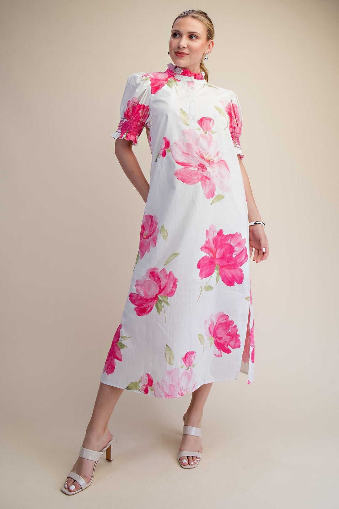 Ruffle Neck Puff Sleeve Button Placket Floral Midi Dress in White