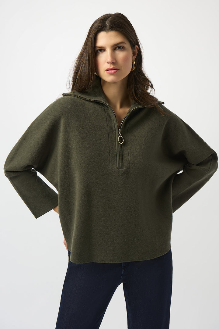 Joseph Ribkoff Hooded Zipper Relaxed Fit Sweater in Avocado Green