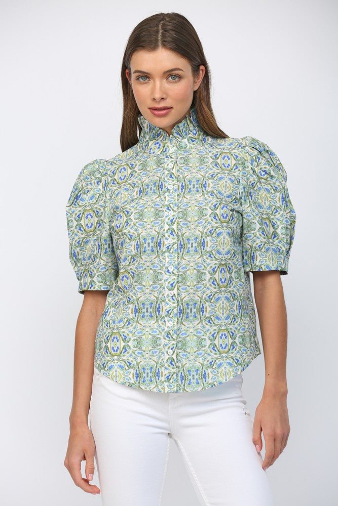 Green Puff Short Sleeves Ruffle Neck Button Down Top