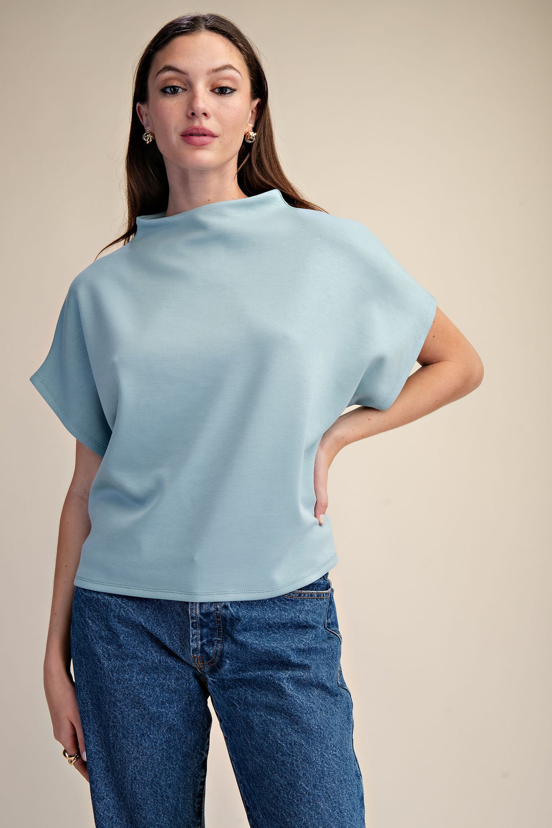 Blue Mock Neck Top