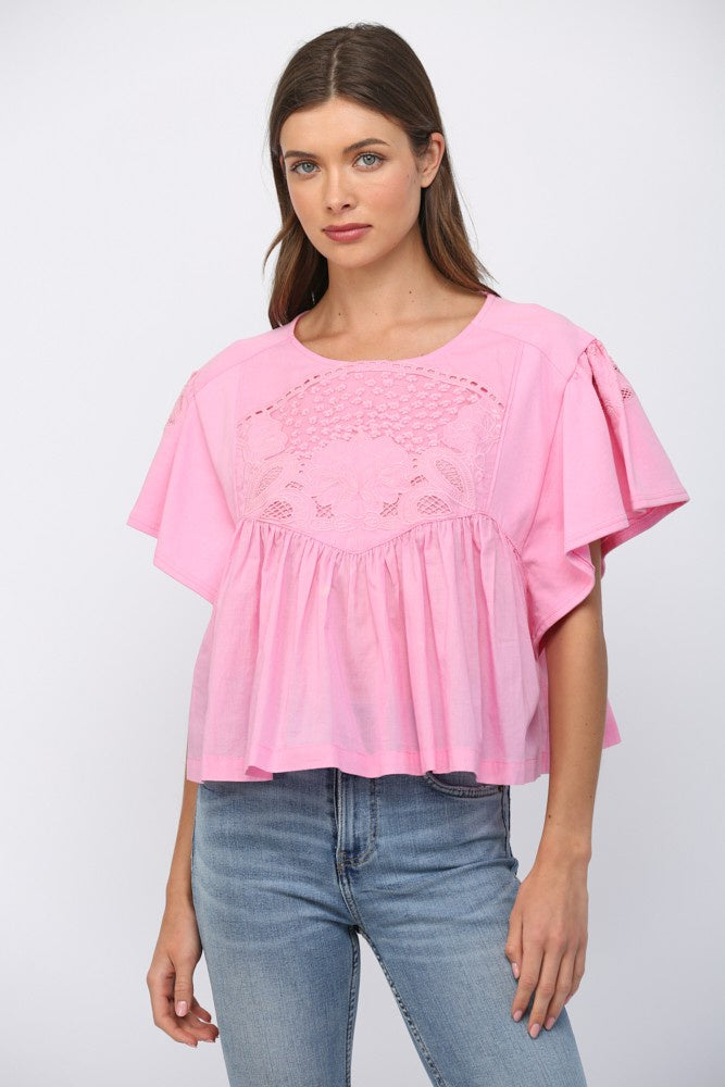 Pink Lace Trimmed Round Neck Sweatshirt Top