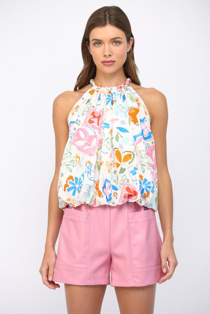 Abstract Pattern Print Gathered Neckline Halter Top