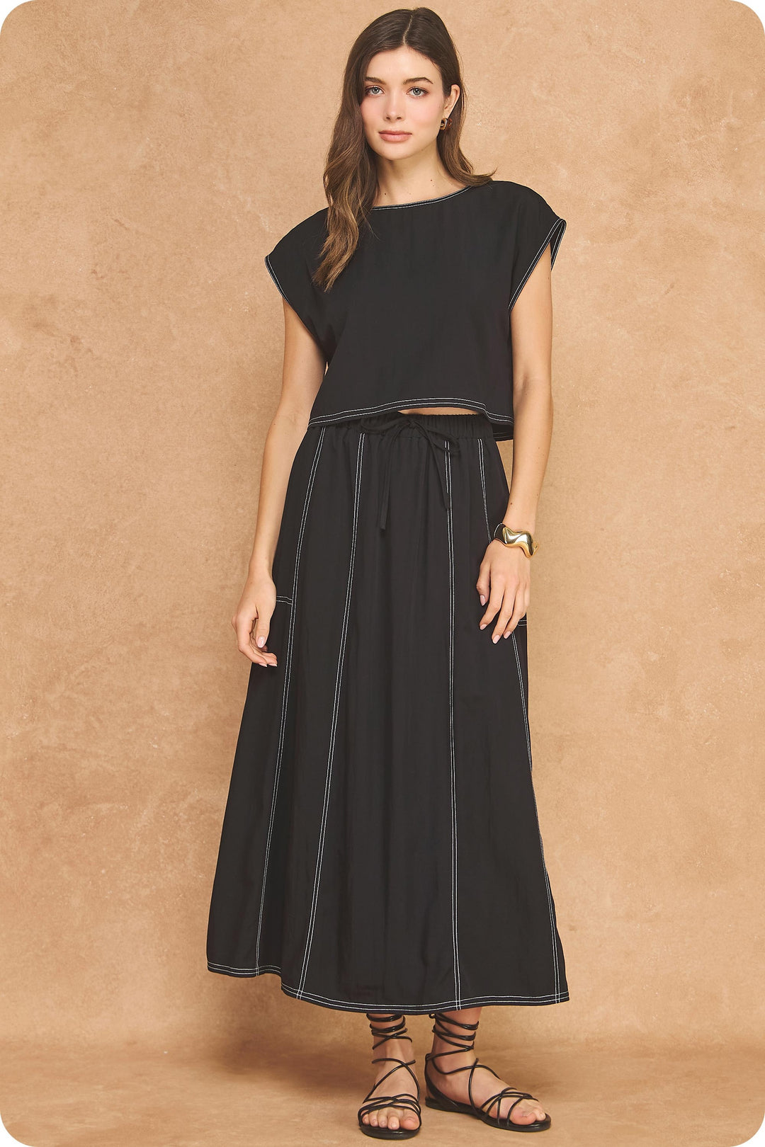 Top Stitch Cap Sleeve Top & Midi Skirt 2-piece Set in Black