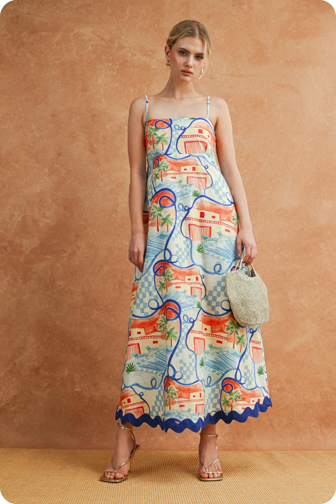 Blue Riviera Dream Scalloped Sleeveless Midi Dress