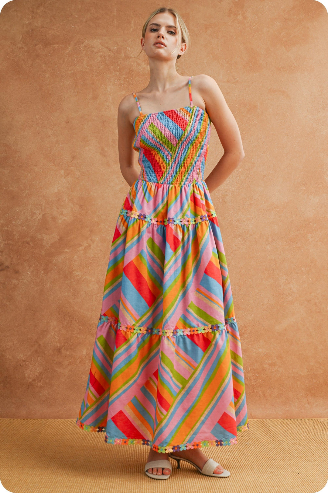 Vibrant Geo Stripe Smocked Rainbow Crochet Tiered Midi Dress