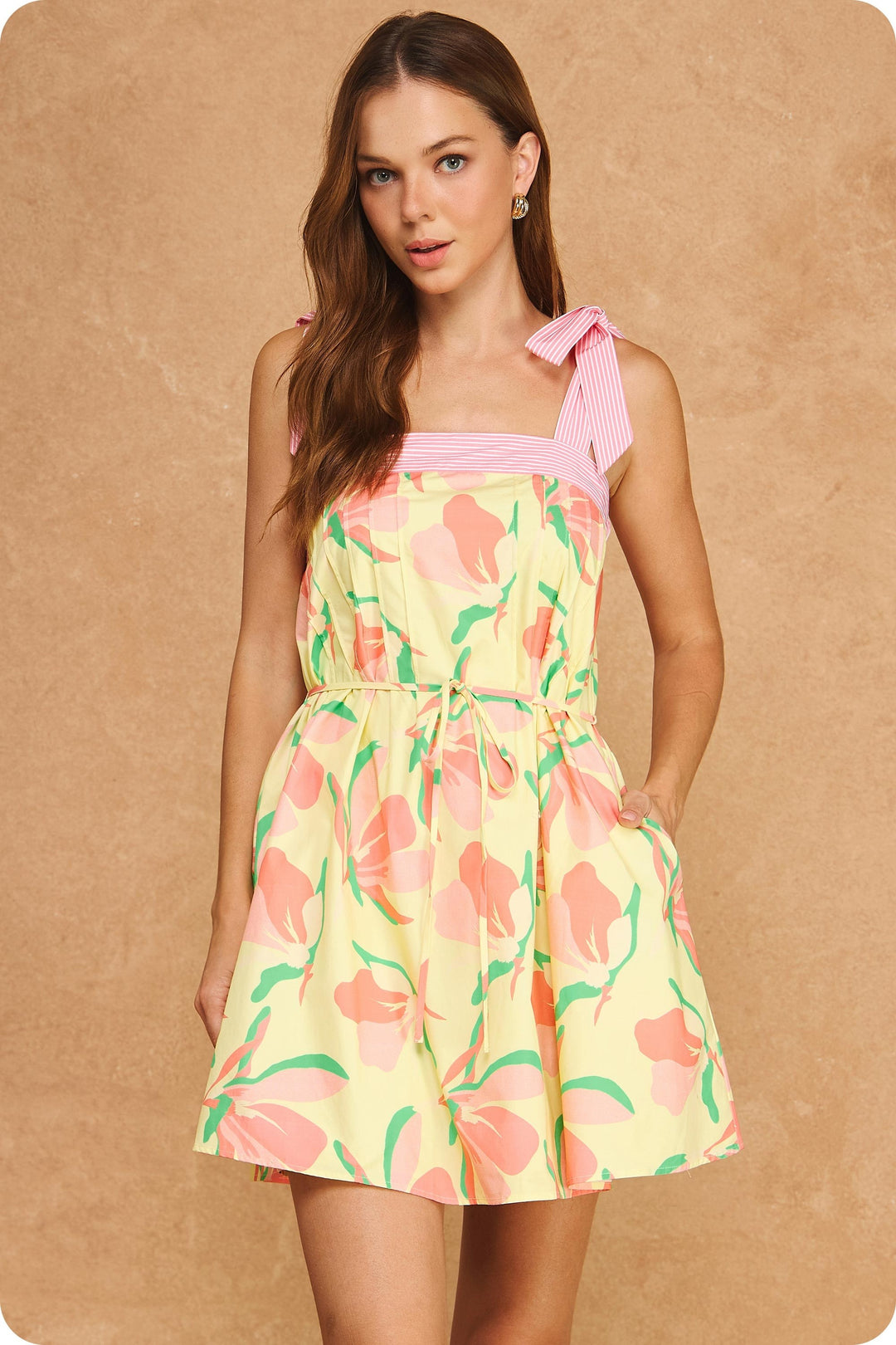 Yellow Striped Tie Strap Floral Print Mini Dress