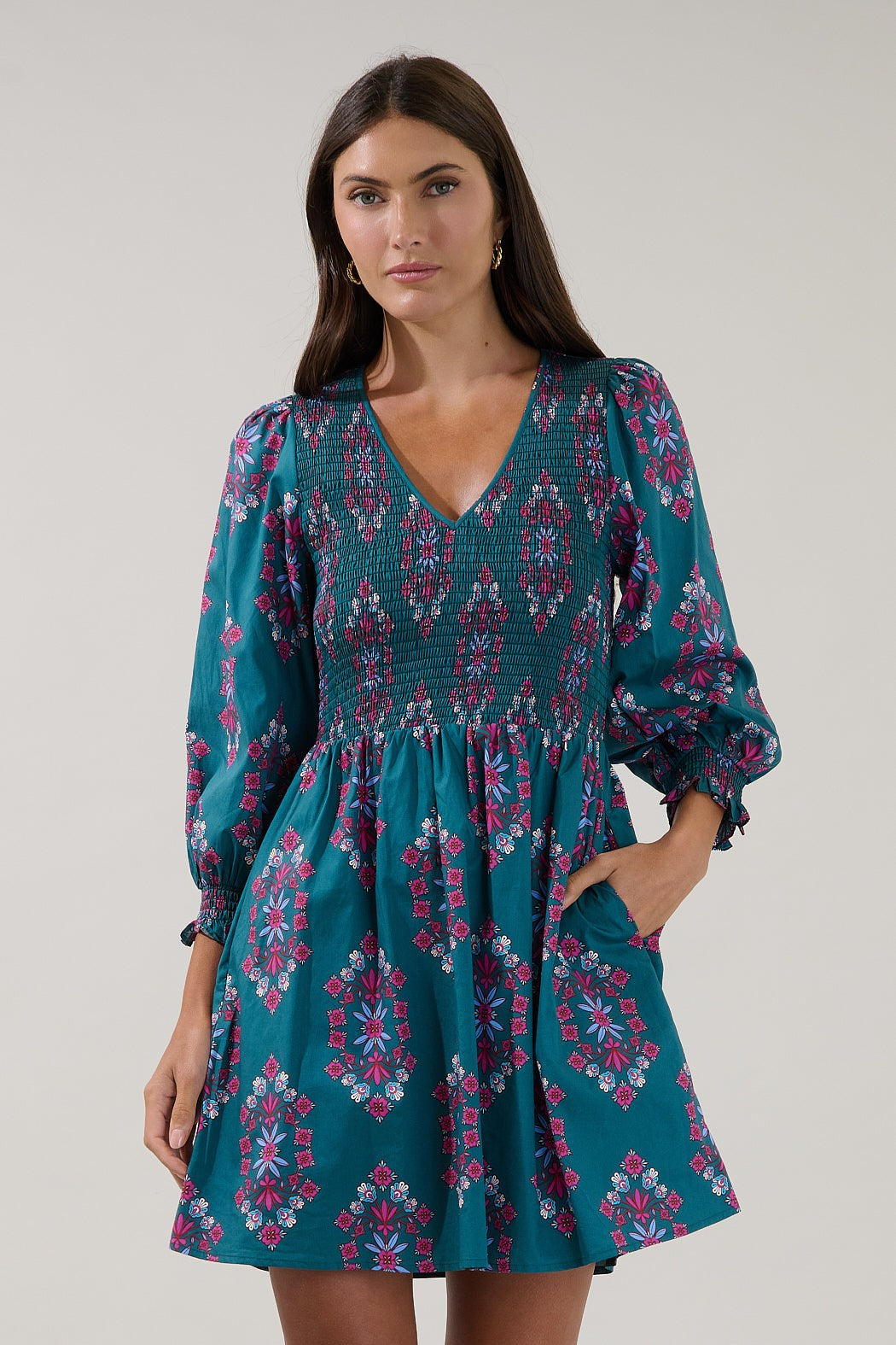 Isme Smocked Midi Dress Folklore in Teal – Sugar & Spice