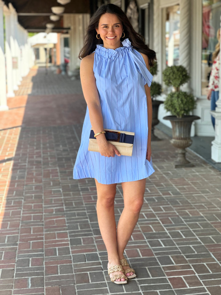 Ruffle Neck Tie Sleeveless Mini Dress in Blue