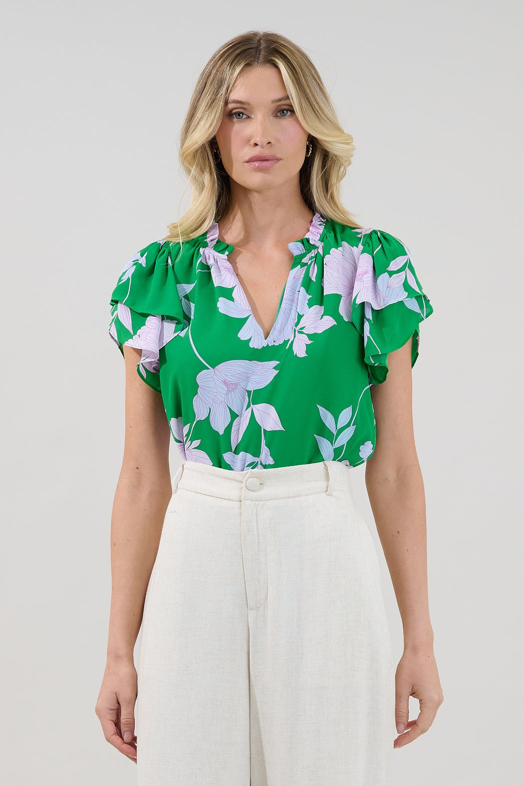 Montie Ruffle Tie Neck Top in Green Floral