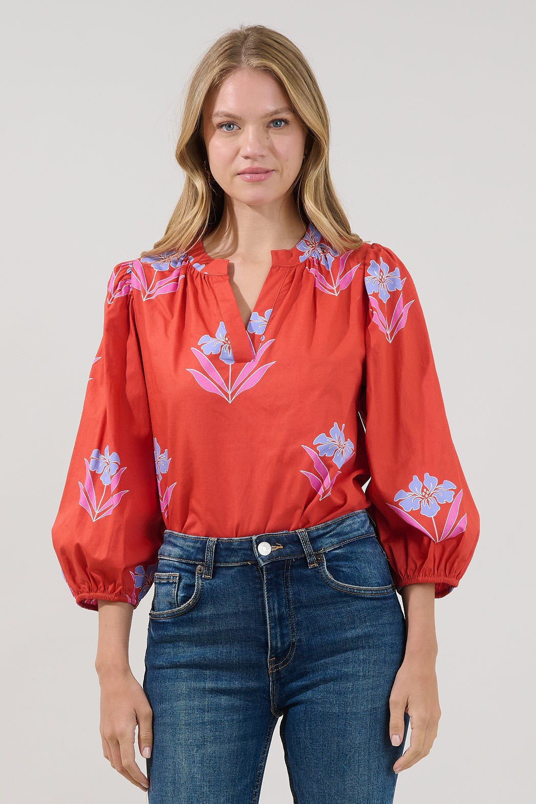 Cheney Split Neck Top Red Floral