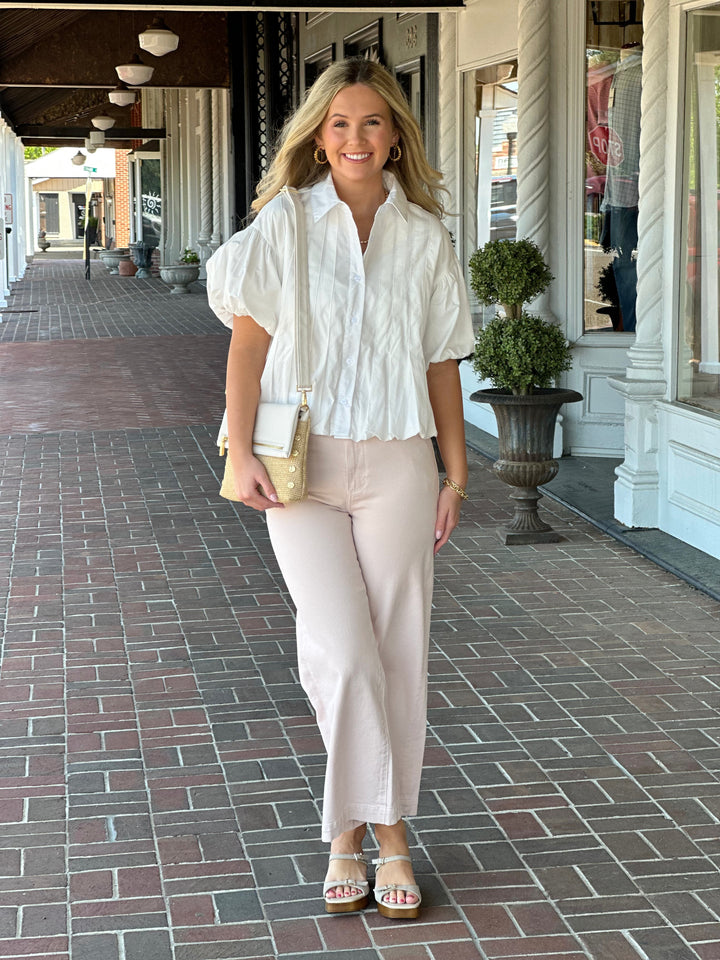 Pleated Bubble Hem Button Down Top in Off White
