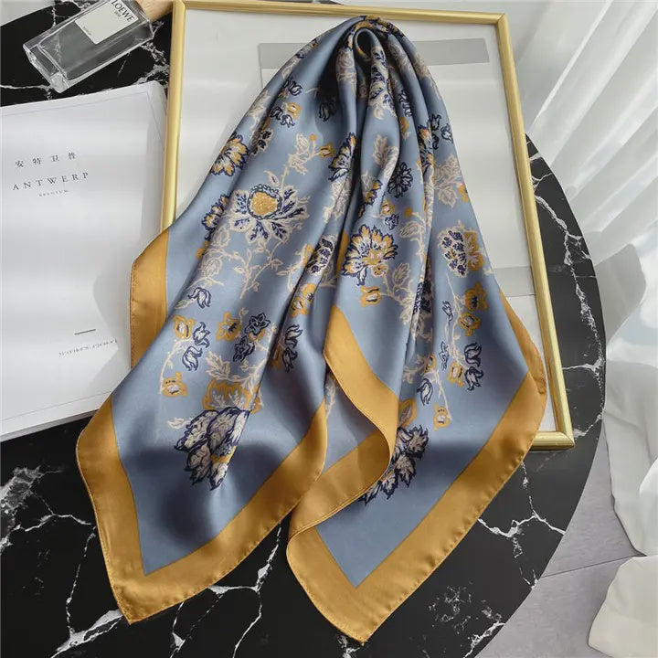 70cm Silk Print Square Scarf in Blue Gray