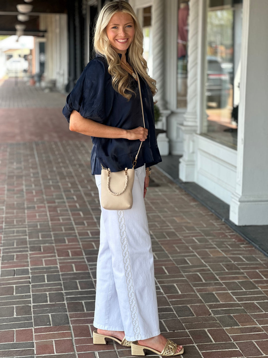Stitch Detail Ruffle Top in Navy