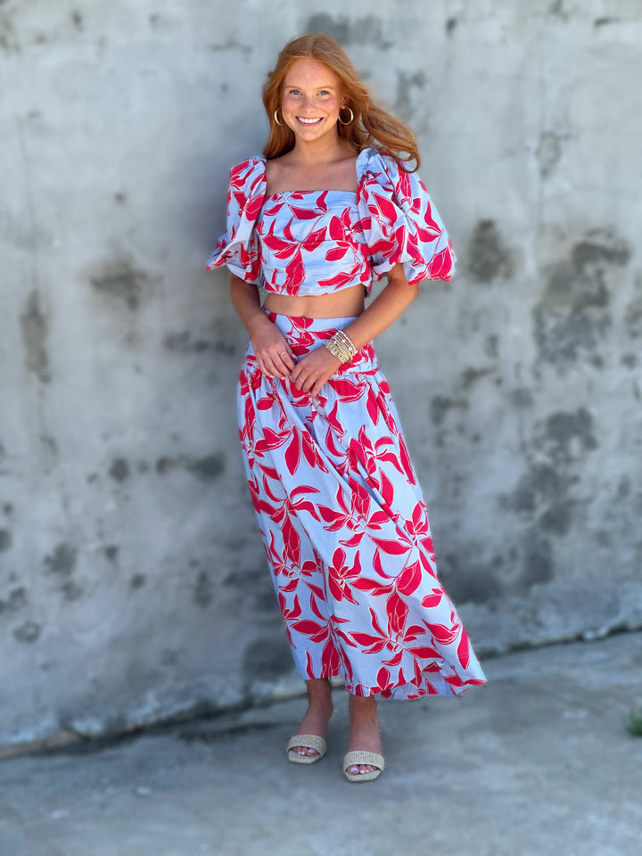 Blue Red Printed Shirred Crop Top