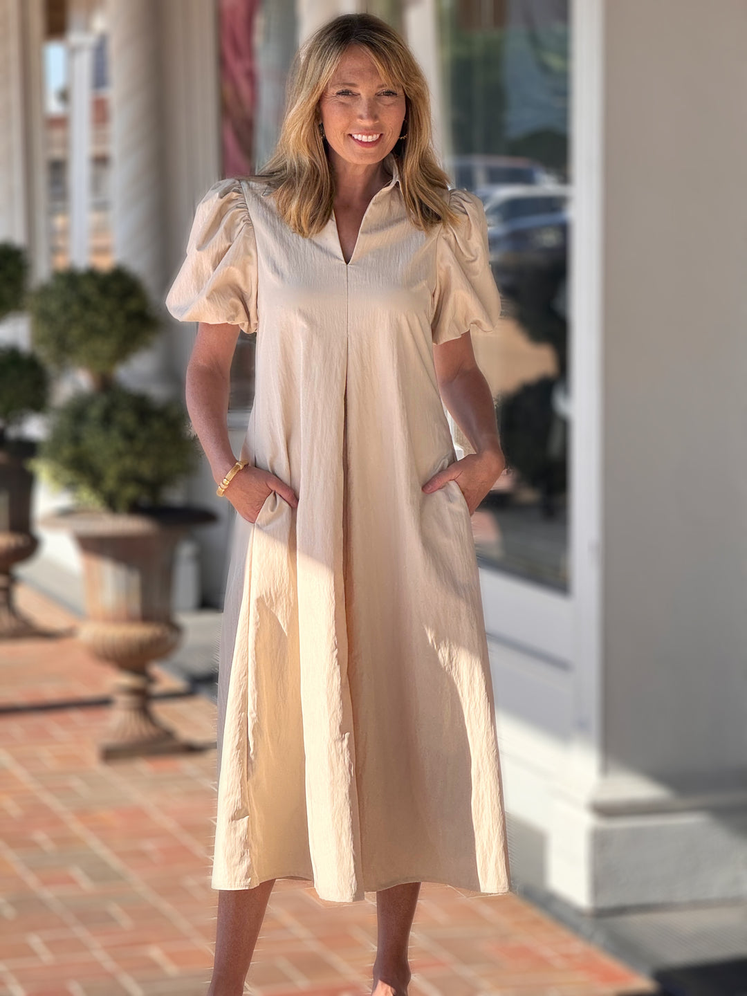 Collar V-Neck Puff Sleeve Pleated Midi Dress in Taupe