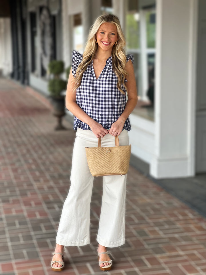 Harper Gingham Ruffle Sleeveless Top in Navy