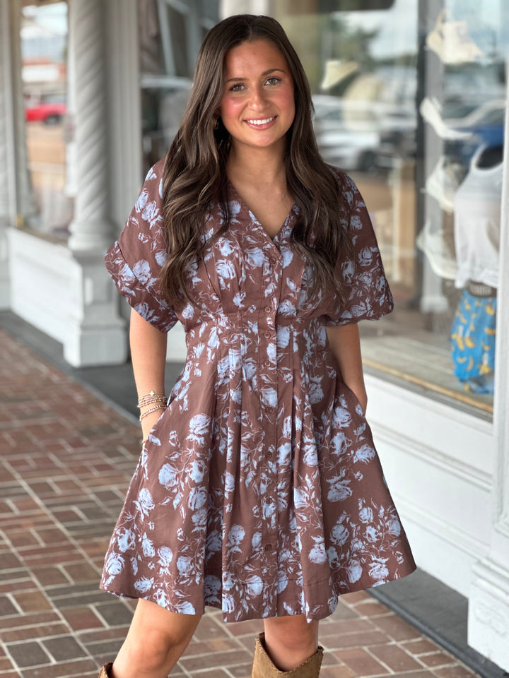 Shade It Blue Floral Printed Brown Mini Dress