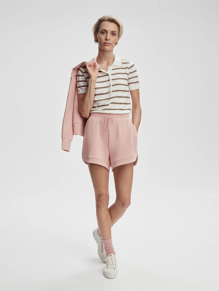 Varley Faustine Button-Neck Polo in White Pink Ivy Stripe