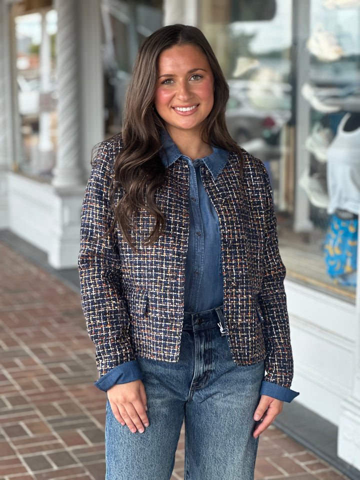 French Dressing Tweed Collarless Jacket in Multi