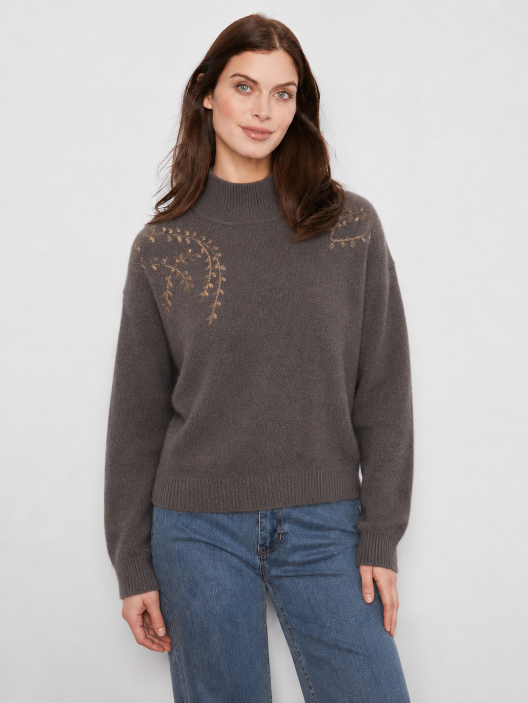 Charlie B Mock Neck Embroidery Sweater in Coffee