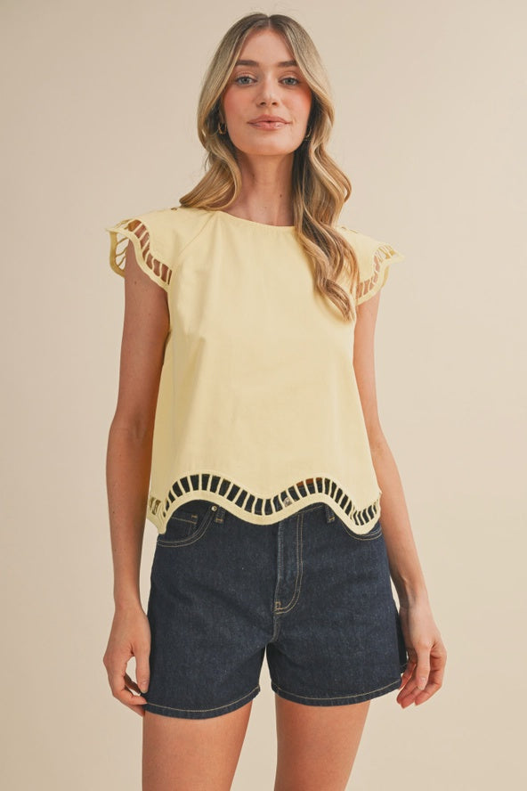 Embroidered Cut-Out Cap Sleeve Top in Lemon Cream