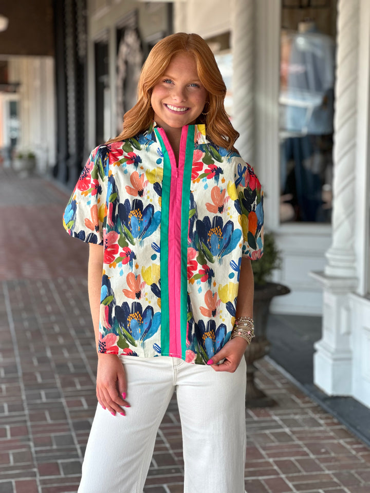 Stripe Quarter Zip Watercolor Floral Print Top