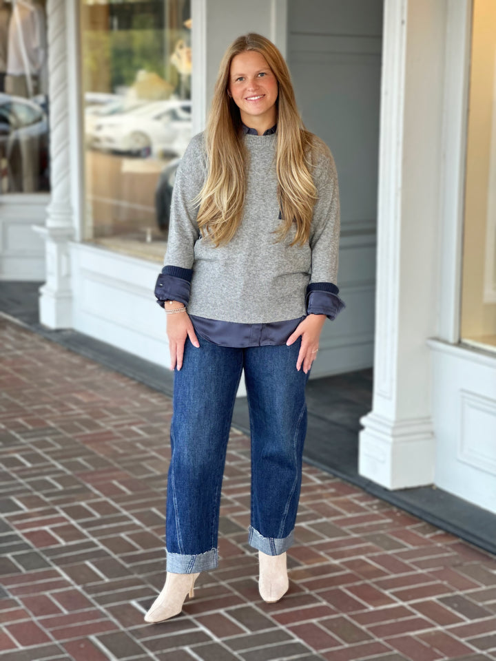 Charlie B Long Sleeve Color Block Sweater in Grey