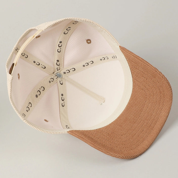Santa's Favorite Glitter Text 5 Panel Corduroy Cap in Beige