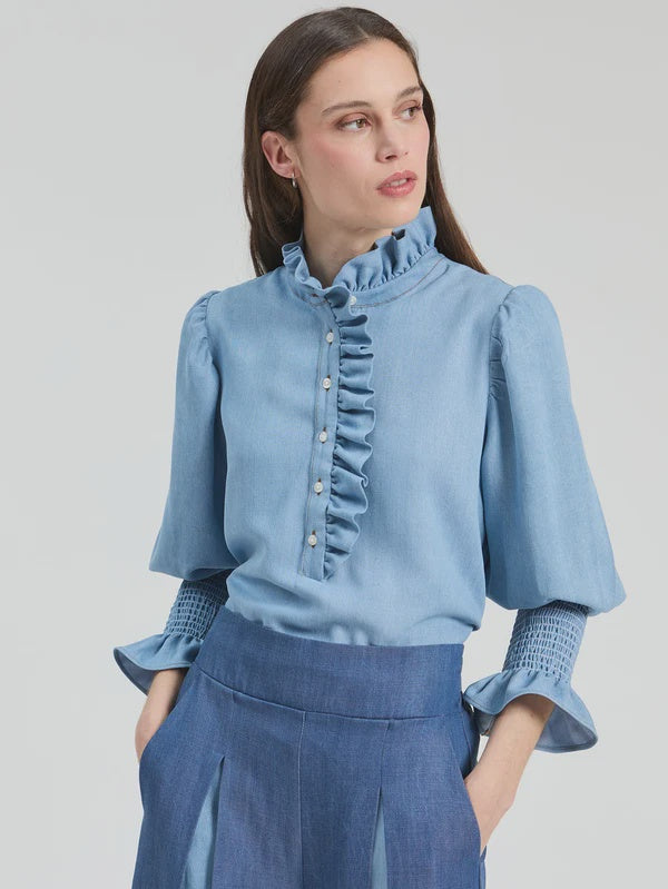 Vilagallo Denim Blue Top With Ruffles
