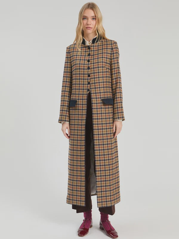 Vilagallo Long Plaid Coat in Tan