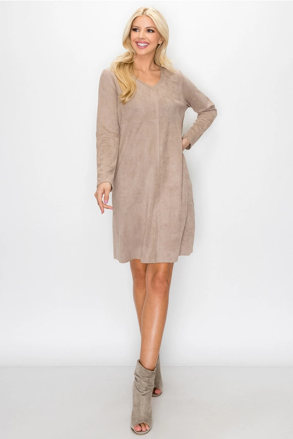 Aurora Stretch V-Neck Suede Dress in Khaki