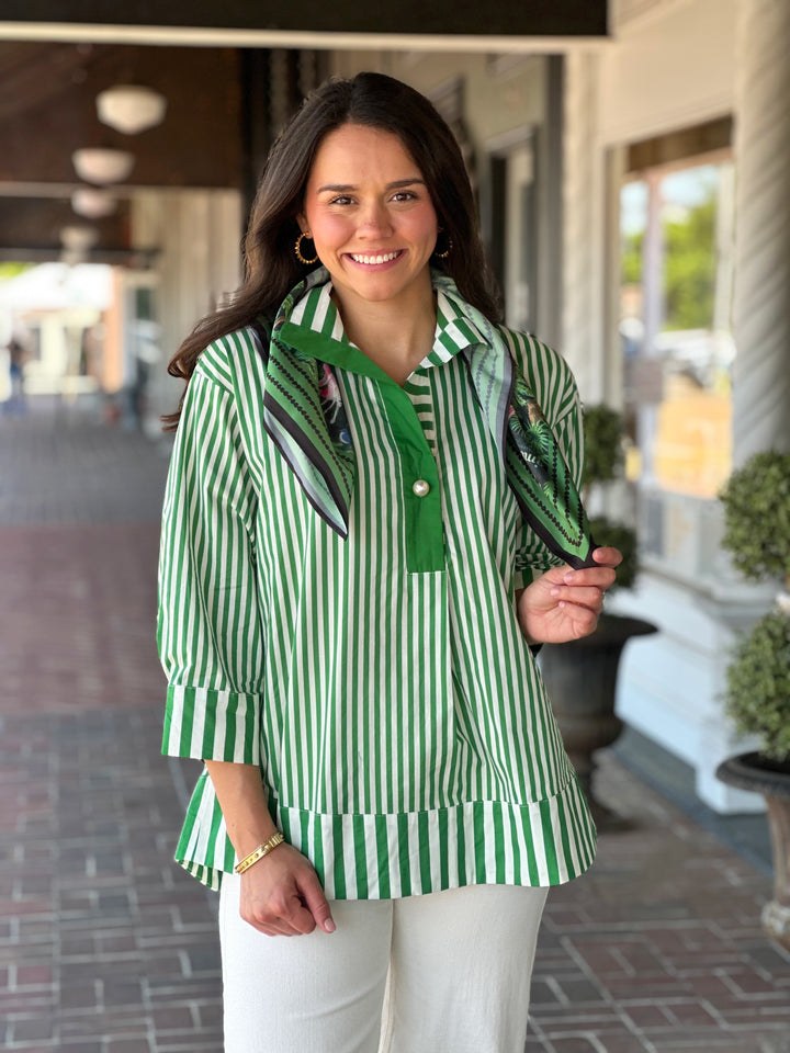 Green Stripe Print 3/4 Sleeve Top