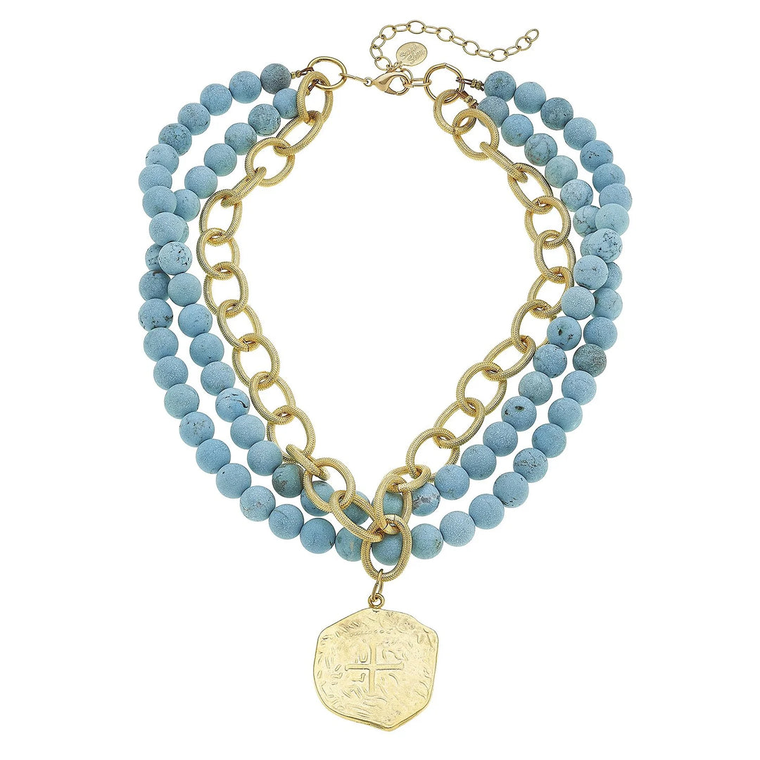 Susan Shaw Multi Strand Turquoise + Coin Necklace