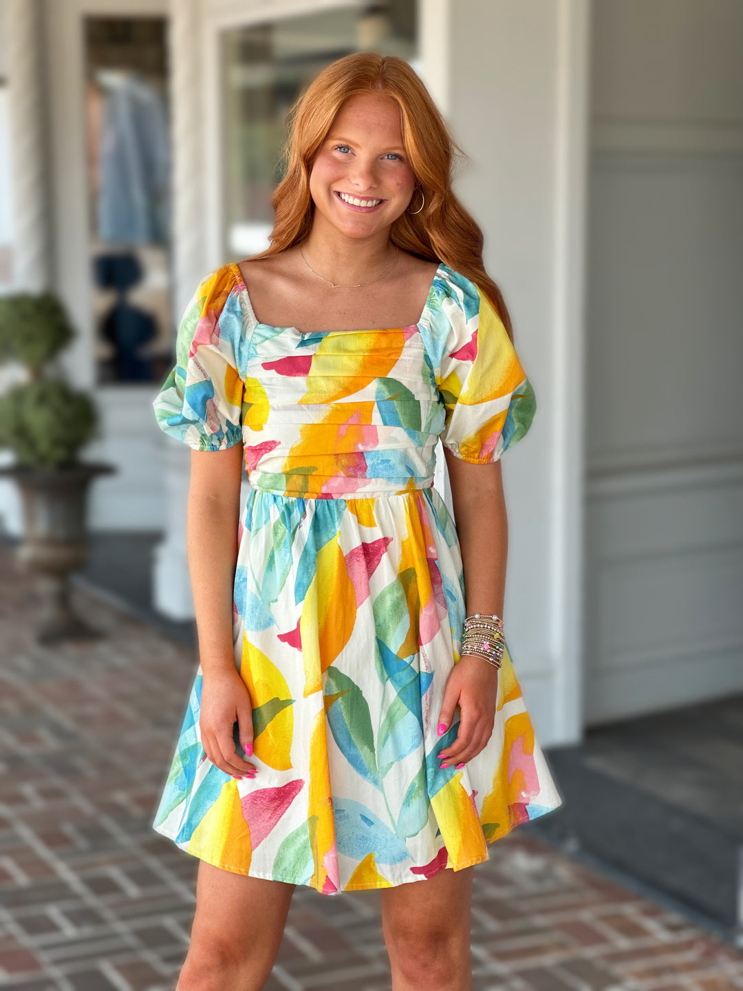 watercolor cocktail dress Well Versed Pleated Bust Front Split Dress Watercolor Print Purple/Yel