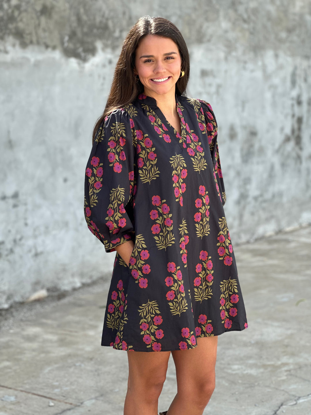 Rose Garden Floral Printed Black Dress