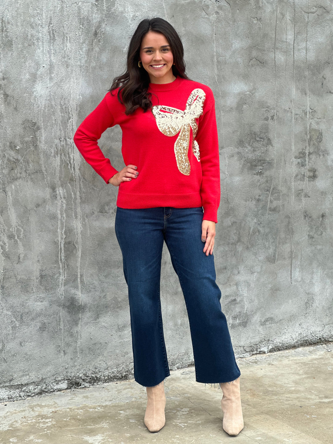 Big Sequins Ribbon Christmas Holiday Sweater Top in Red