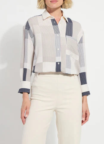 Lysse Jessica 3/4 Sleeve Cropped Shirt in Oslo Stripe Collage